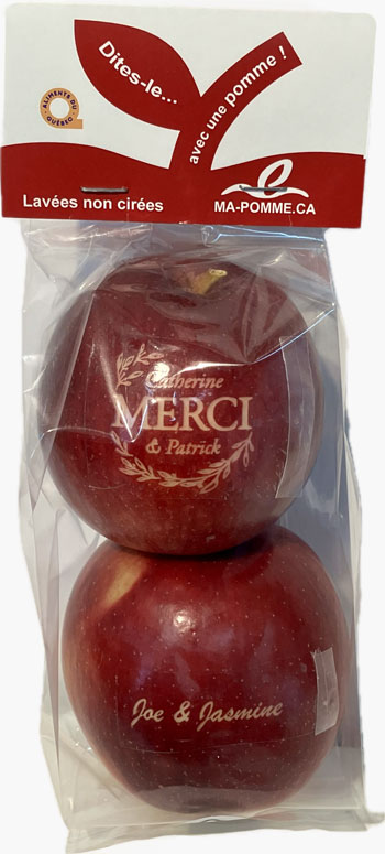Offrez un cadeau aux invités de votre mariage: Sachets de 2 pommes, une pomme gravées aux noms des mariés et un message.