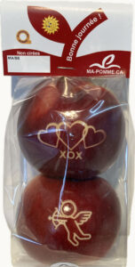Pour la Saint-Valentin, offrez un cadeau santé: un sachet de 2 pommes, une message d'amour et une image gravée de la St-Valentin