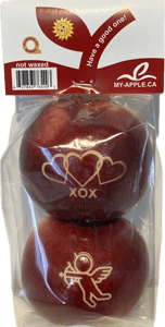 For Valentine's Day, offer a healthy gift: a sachet of 2 apples, a message of love, and an engraved Valentine's Day image
