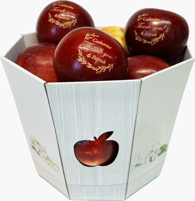 Wedding table centerpiece - basket of engraved apples